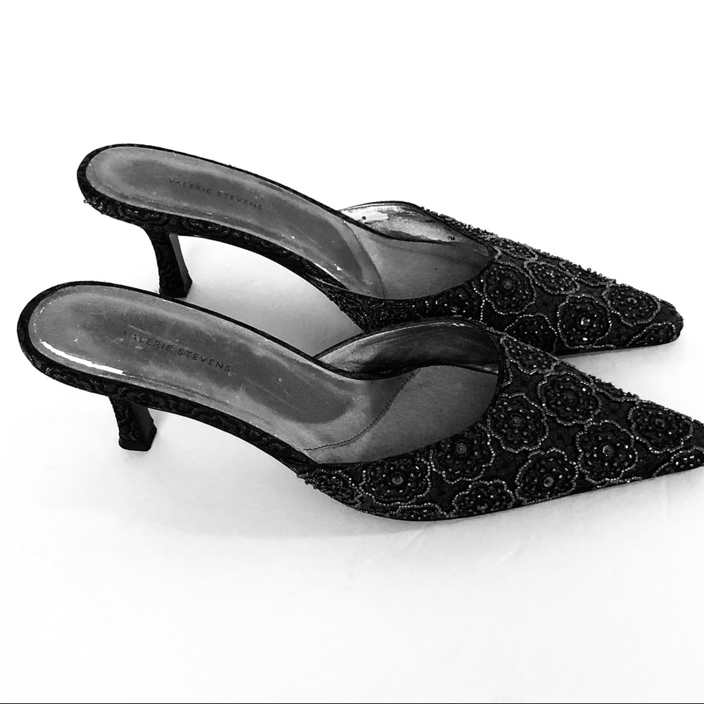 Valerie Stevens Black Beaded Slide Heel Shoes 7 - Picture 2 of 5